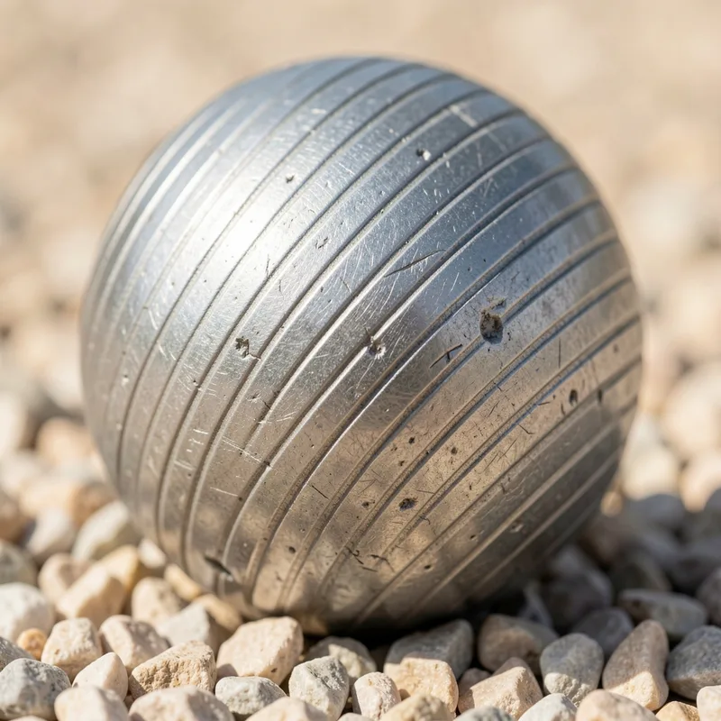 Gros plan sur la surface striée d’une boule de pétanque en acier posée sur du gravier