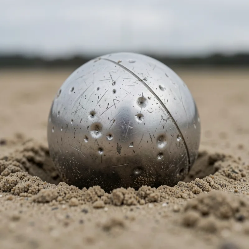 Boule de pétanque en acier constellée d’impacts de tir posée sur un terrain de sable