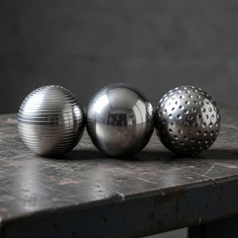 Trois boules de pétanque alignées montrant un striage, une surface lisse et des creux