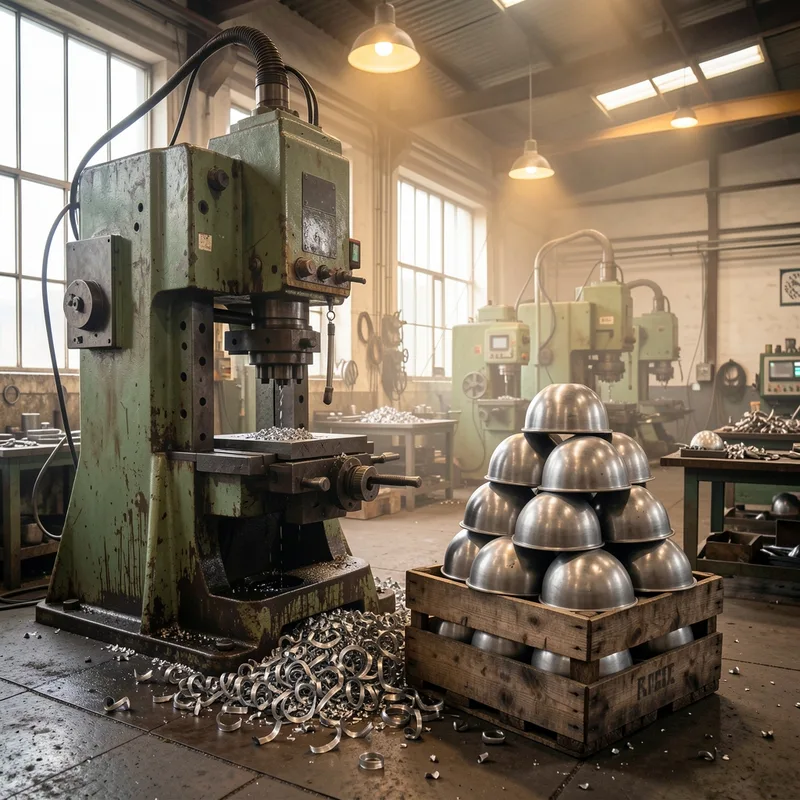 Atelier de fabrication de boules métalliques avec presse et copeaux d’acier
