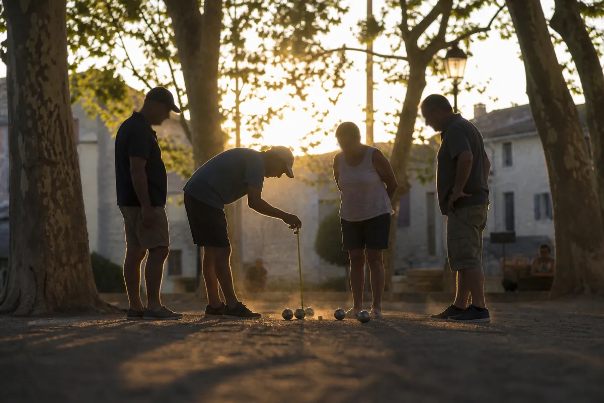 Groupe de joueurs autour d&rsquo;un but sur une aire de pétanque ombragée en fin de journée