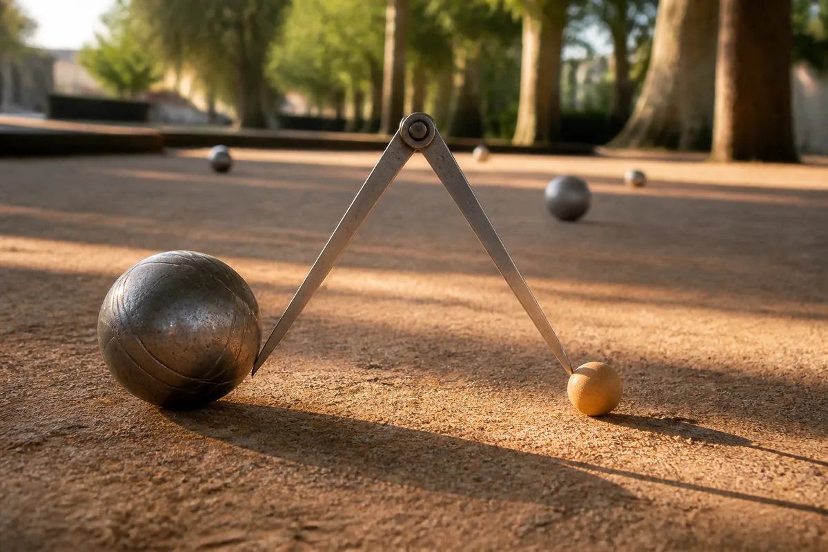 Compas de mesure posé entre une boule et le but sur un terrain de sport boules