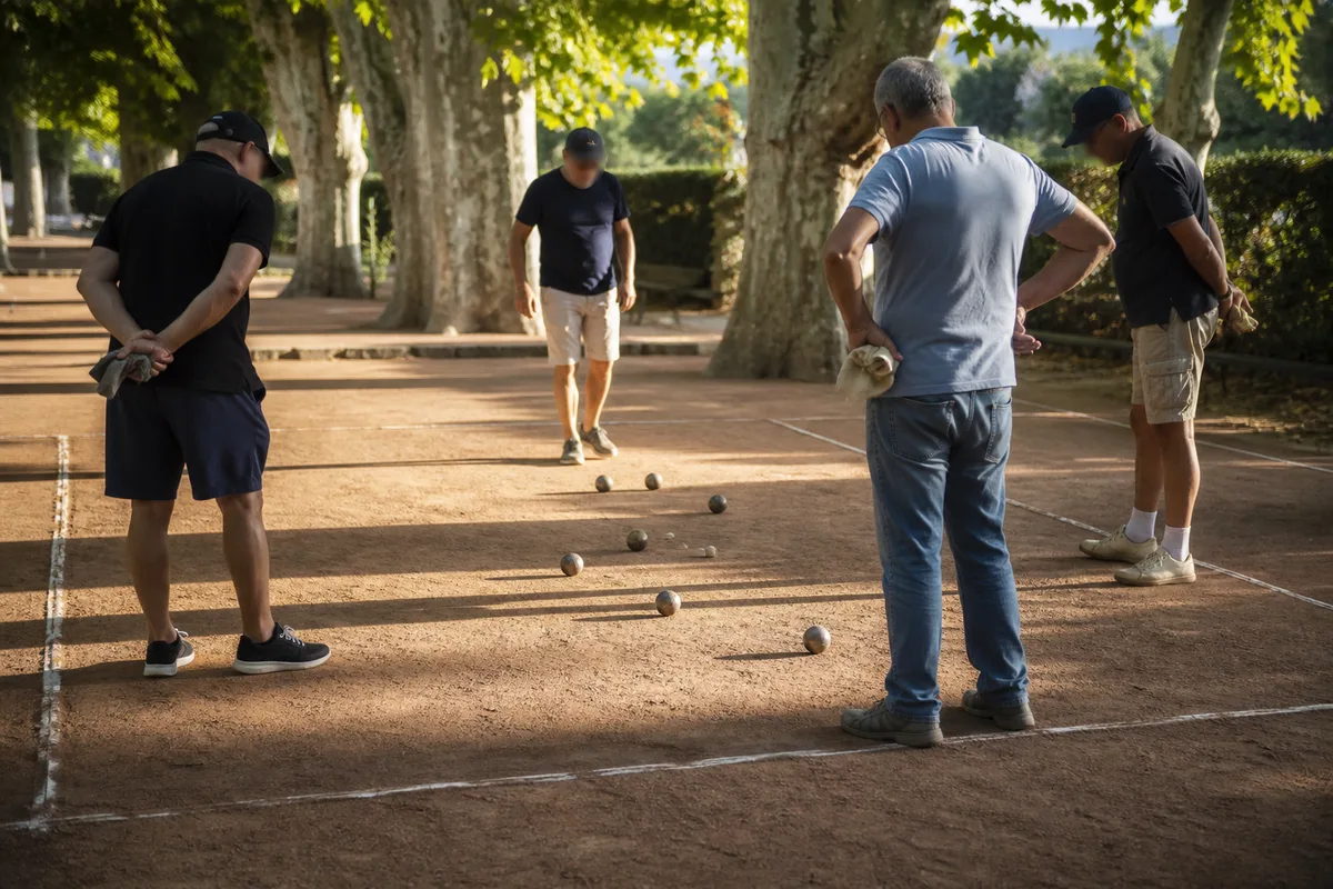 Équipe de boule lyonnaise en quadrette observant le placement des boules dans le cadre