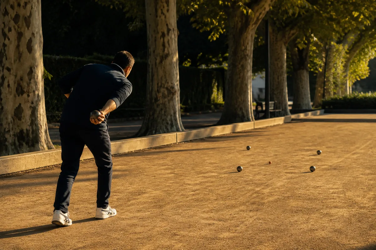 Joueur seul en simple préparant son geste sur un terrain de boule lyonnaise