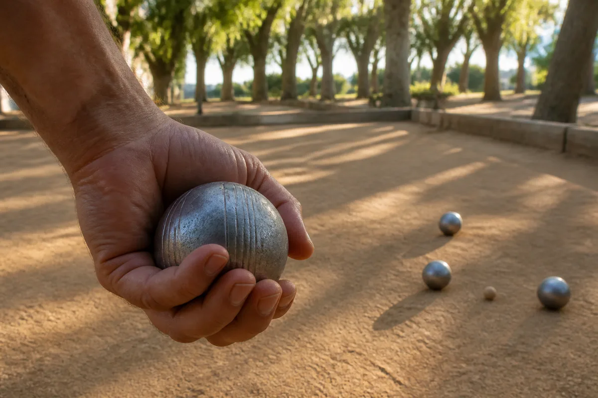 Boule de pétanque tenue dans une main, doigts refermés sur la surface striée