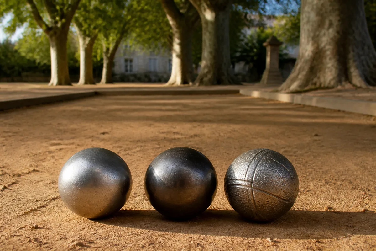 Trois boules de pétanque aux finitions différentes posées côte à côte