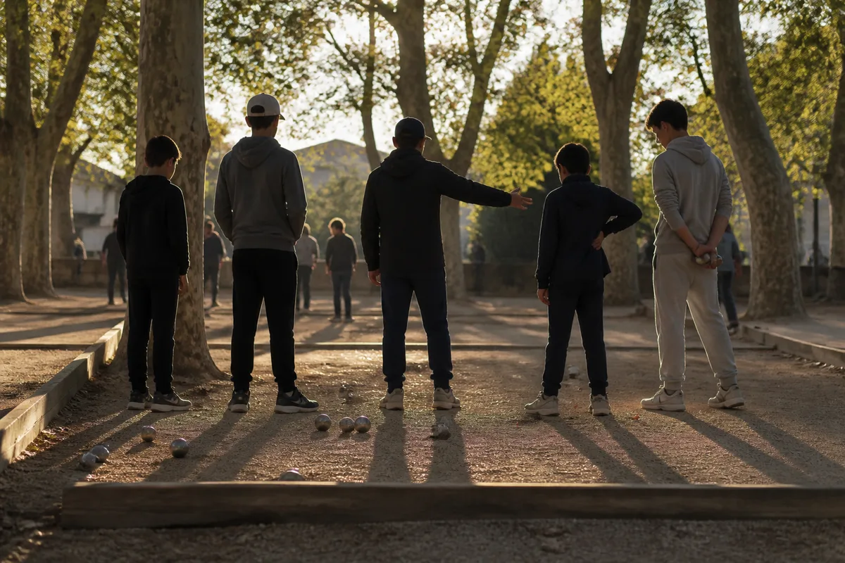 Groupe de jeunes joueurs recevant des consignes au bord d&rsquo;un terrain de boules