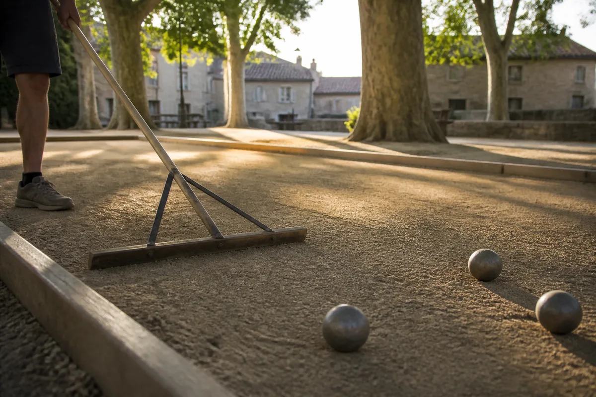 Entretien de la surface de jeu d&rsquo;un boulodrome avec un râteau de nivellement