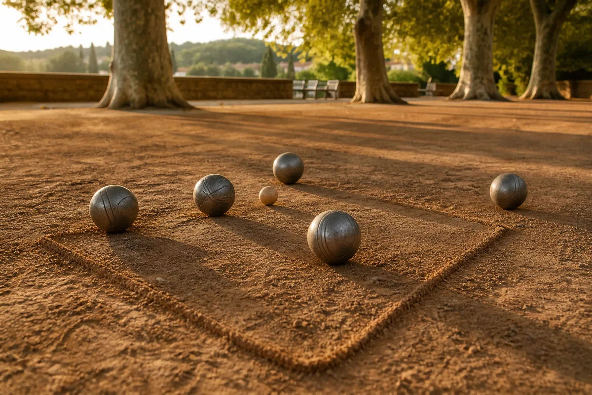 Terrain de sport boules vu en longueur avec ses lignes transversales tracées au sol