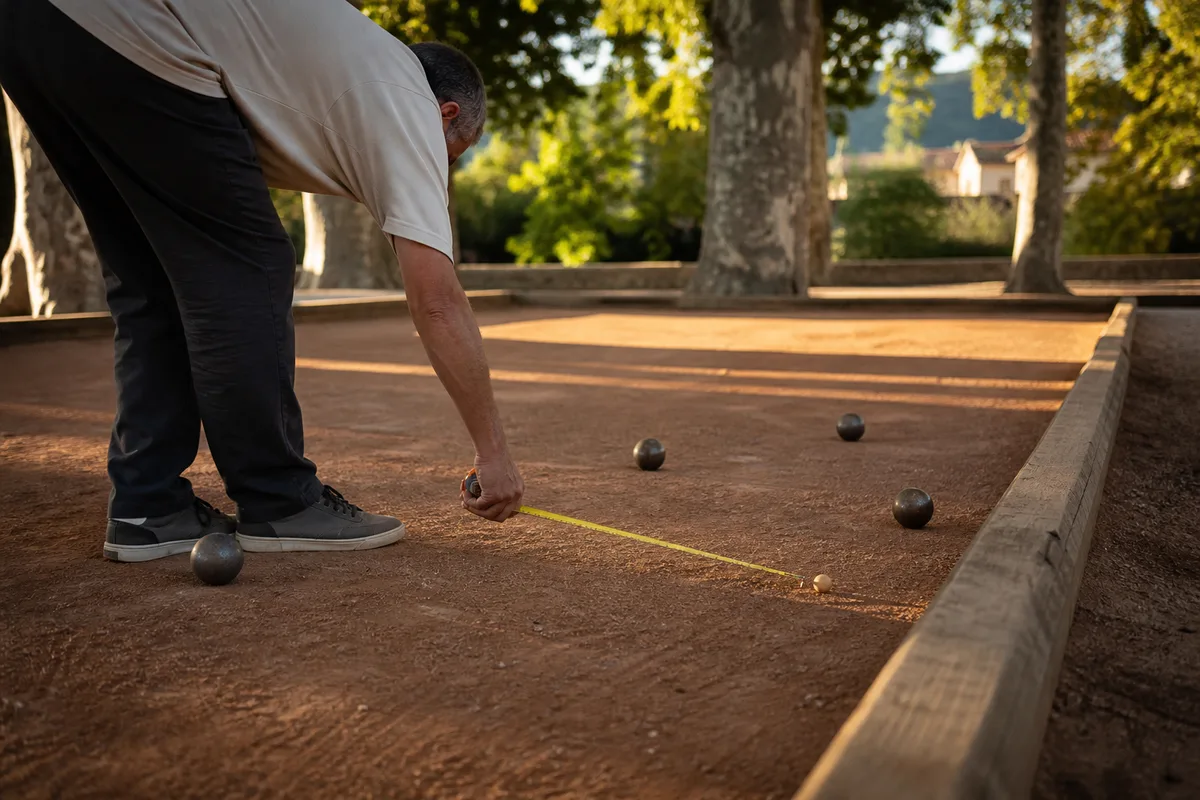 Joueur mesurant la distance entre une boule et le but au bord du cadre